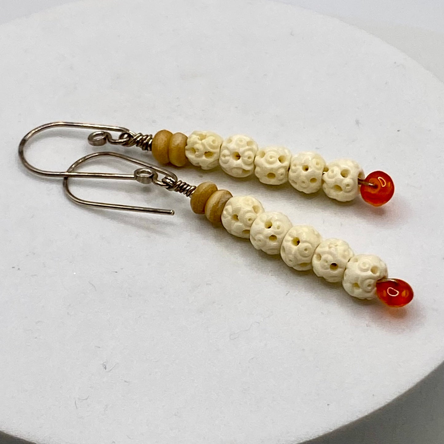 Carnelian, Carved Bone & Seed Earrings by Hip Chick Glass, Sterling Silver Earrings, Handmade Gemstone Jewelry, Gift For Woman