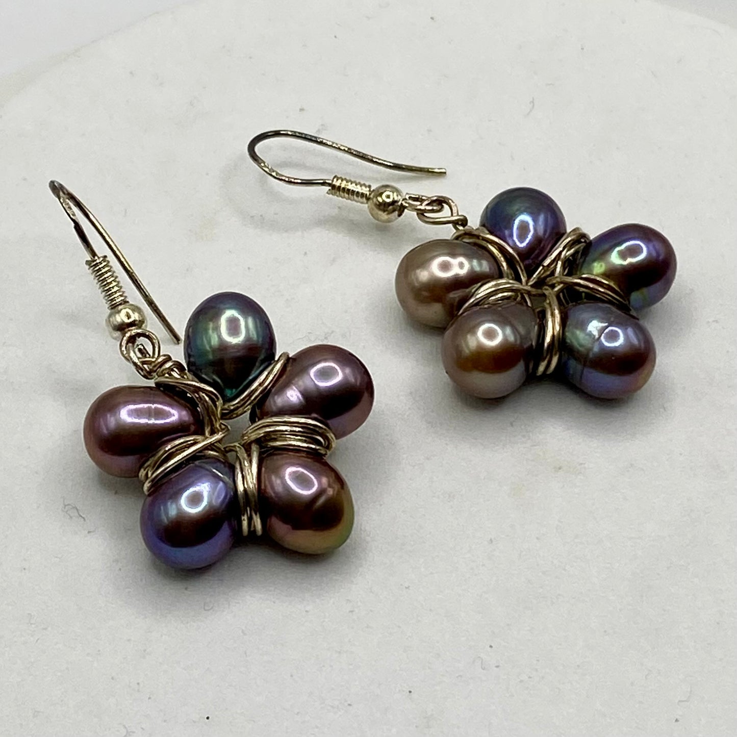 Black Pearl Flower Earrings by Hip Chick Glass, Sterling Silver Wire Wrap Earrings, Handmade Gemstone Jewelry, June Birthstone Gift