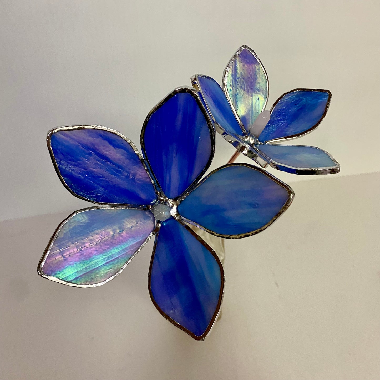 Iridescent Blue Glass Flower Plant Stakes by Hip Chick Glass | Stained Glass Flower Bouquet, Glass Flowers with Quartz Crystals on a Stem, Handmade Home Decor, Wedding Bouquet Keepsake, Tabletop Decor