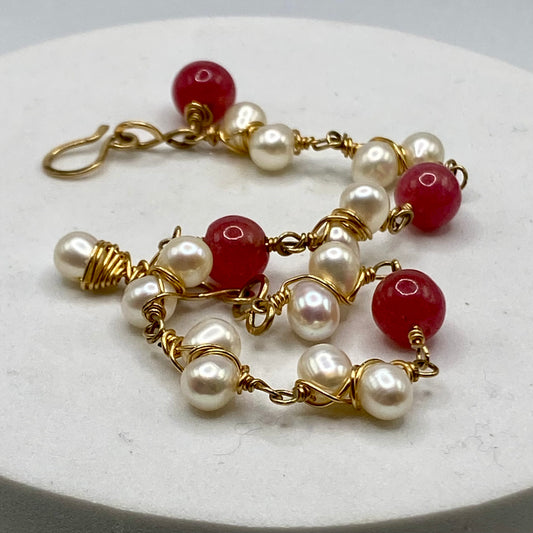 Gold Pearl & Raw Ruby Bracelet by Hip Chick Glass, Handmade Gold Fill Wire Wrap Jewelry, Handmade Gemstone Bracelet, June & July Birthstone Gift