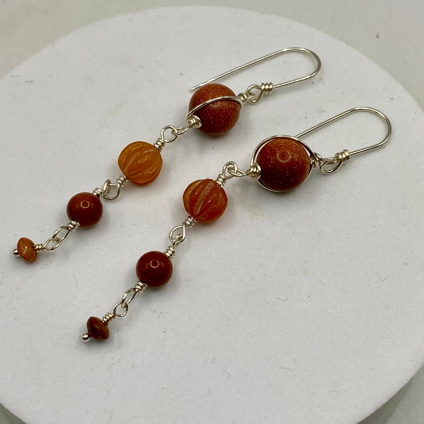 Long Boho Orange Gemstone Earrings by Hip Chick Glass, Sterling Silver Earrings, Handmade Gemstone Jewelry, Goldstone, Carnelian, Unakite