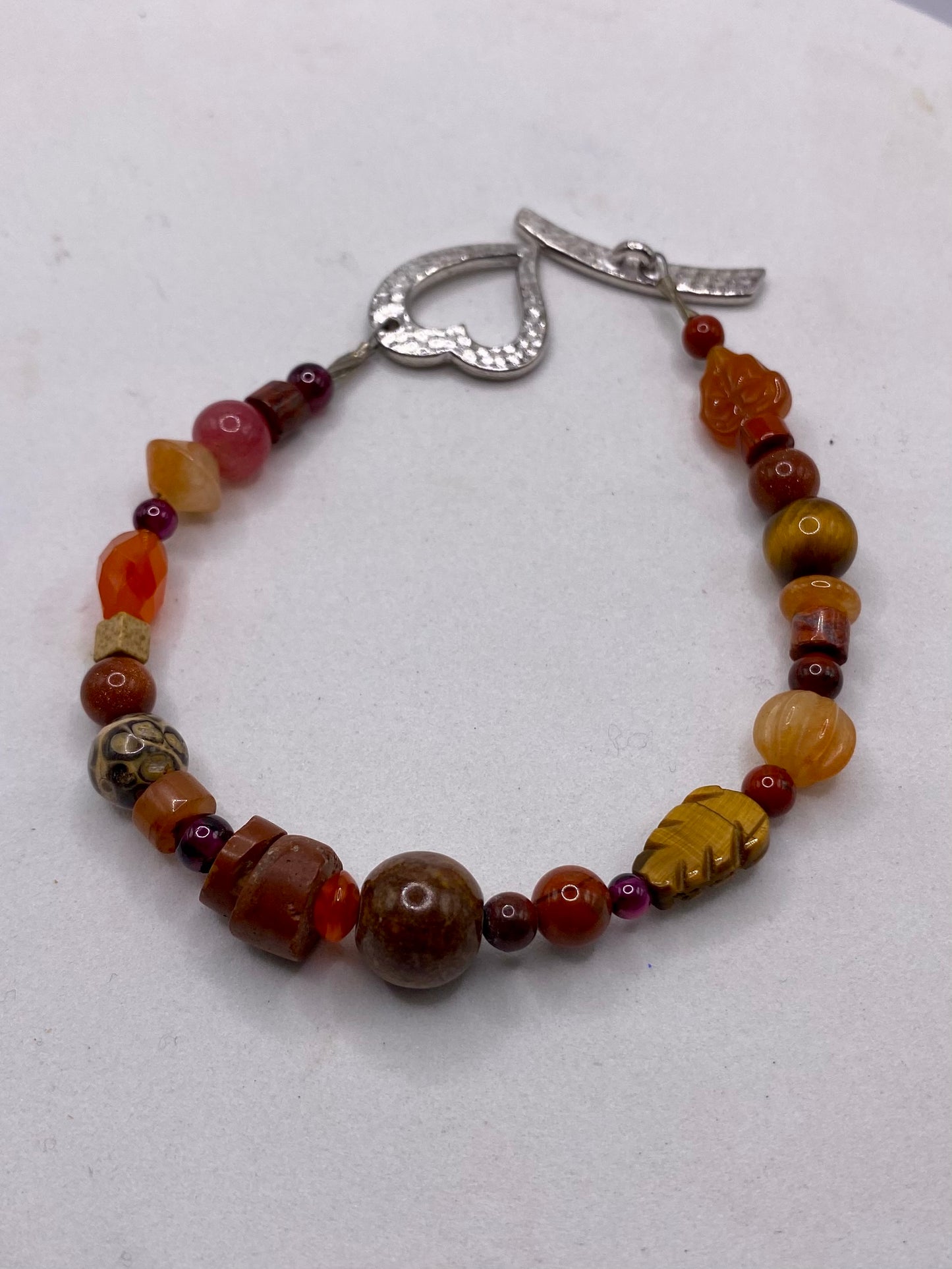 Valentines Day Bracelet with Pewter Heart Clasp & Mixed Leaf Gemstones by Hip Chick Glass, Handmade Bracelet, Handmade Gemstone Bracelet, Birthstone Gift