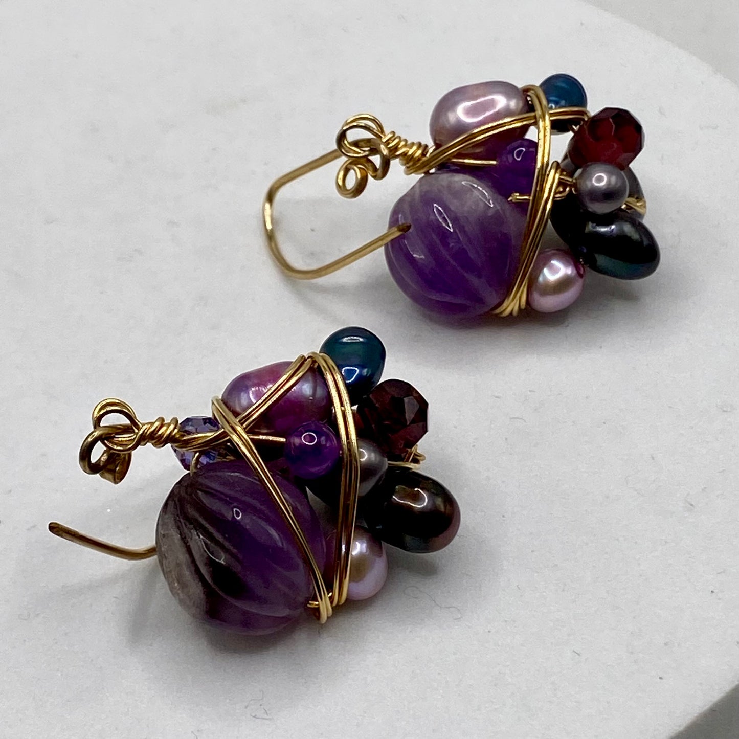 OOAK Gold Wire Wrap Cluster Earrings by Hip Chick Glass, Handmade Amethyst Earrings, Pearl Earrings, Handmade Gemstone Earrings, February Birthstone, June Birthstone, Boho Luxe Earrings