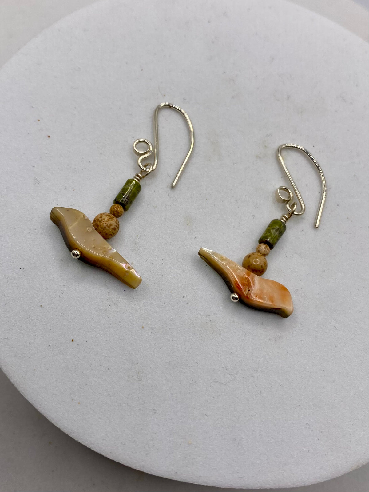 Abalone Bird, Picture Jasper, Unakite Earrings by Hip Chick Glass, Handmade Sterling Silver Earrings, Silver Gemstone Jewelry