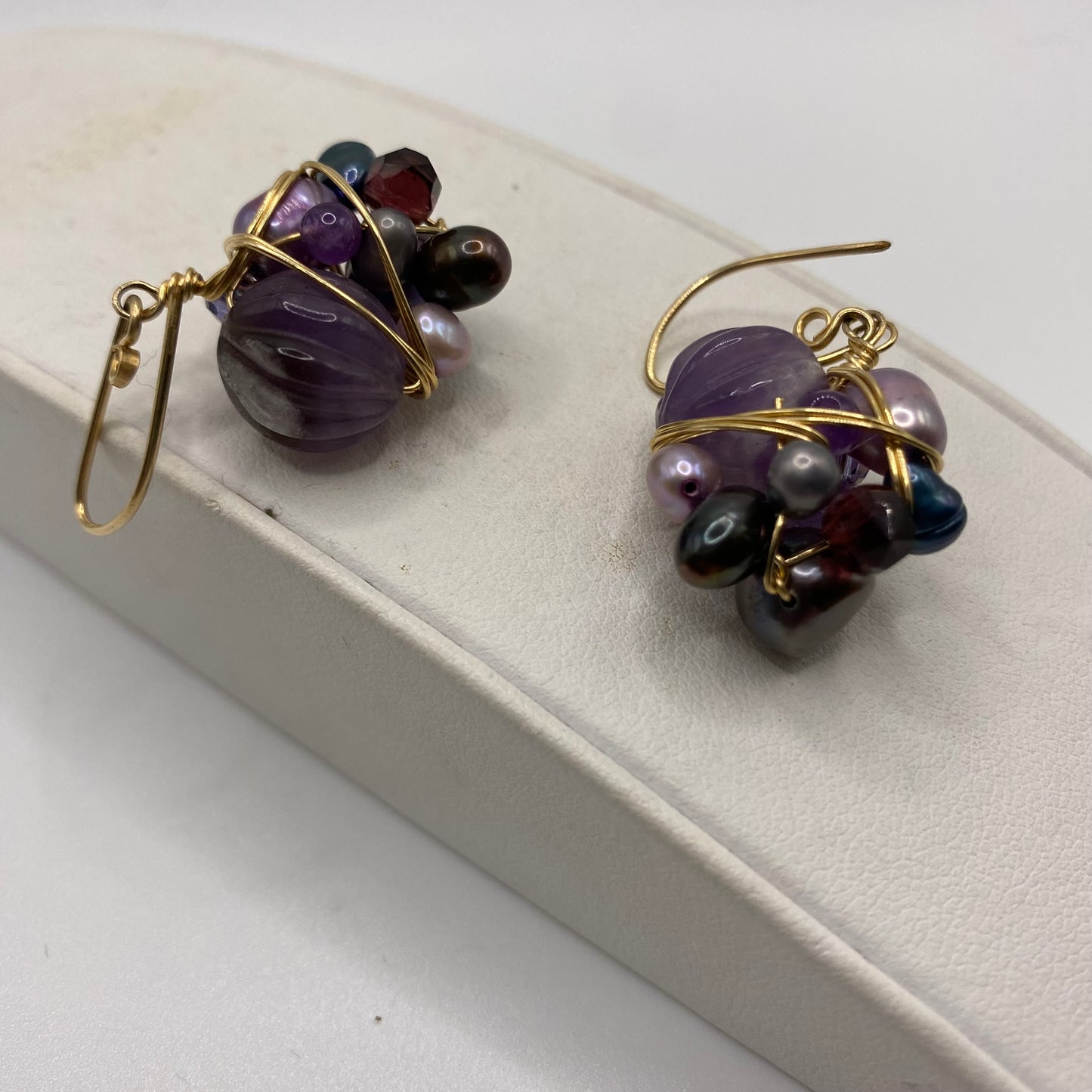 Purple Gemstone Bead Wire Wrap Earrings by Hip Chick Glass, 14 Karat Gold Fill Earrings, Handmade Gemstone Jewelry, OOAK February Birthstone Gift