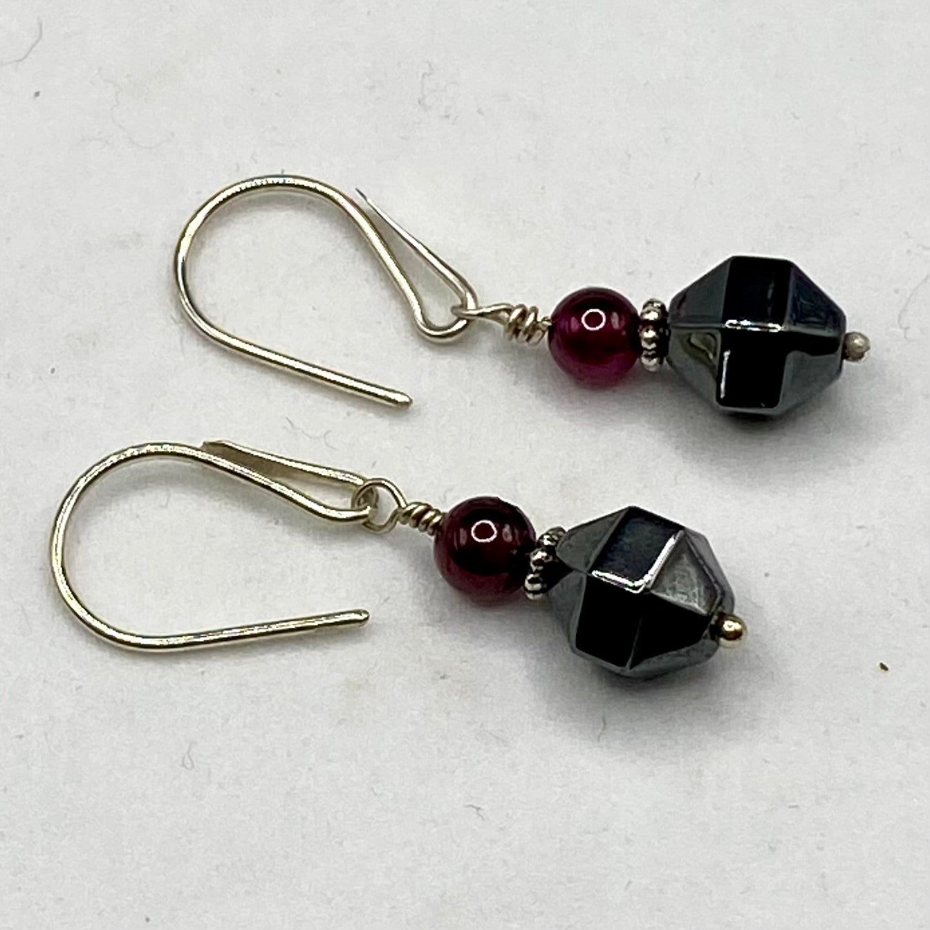 Garnet & Hematite Earrings by Hip Chick Glass, Sterling Silver Earrings, Handmade Garnet Earrings, Handmade Hematite Earrings, January Birthstone Gift