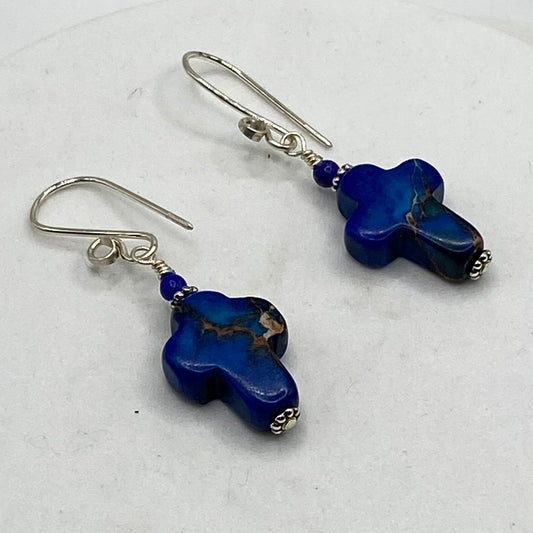 Blue Cross Earrings by Hip Chick Glass, Sterling Silver Earrings, Handmade Gemstone Jewelry, Handmade Jewelry Gift