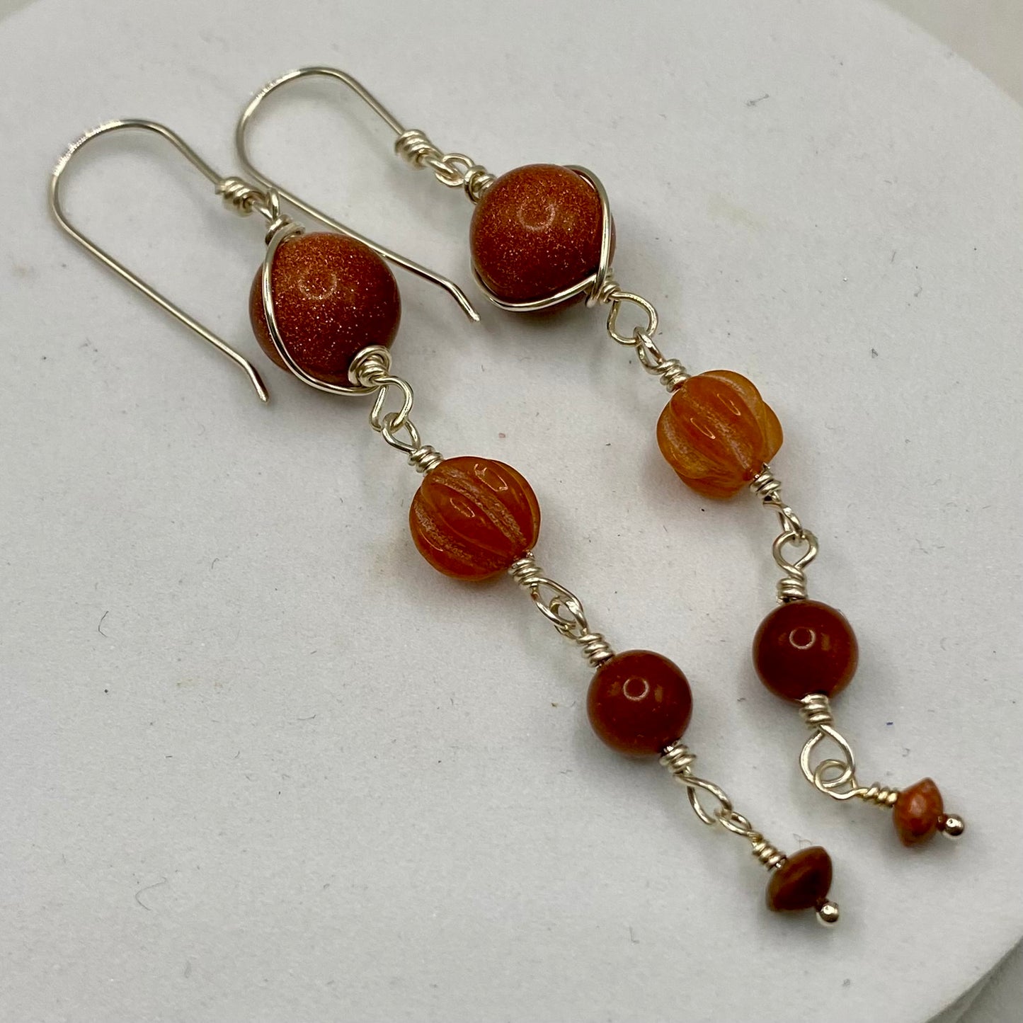 Long Boho Orange Gemstone Earrings by Hip Chick Glass, Sterling Silver Earrings, Handmade Gemstone Jewelry, Goldstone, Carnelian, Unakite