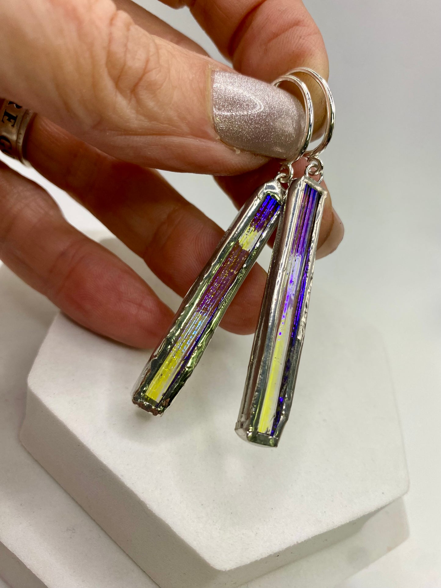 Luminous Stick Earrings | Dichroic Glass Earrings by Hip Chick Glass, Handmade Dangle & Drop Earrings, Iridescent Glass Earrings, Handmade Jewelry