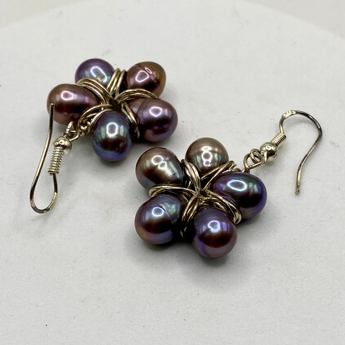 Black Pearl Flower Earrings by Hip Chick Glass, Sterling Silver Wire Wrap Earrings, Handmade Gemstone Jewelry, June Birthstone Gift