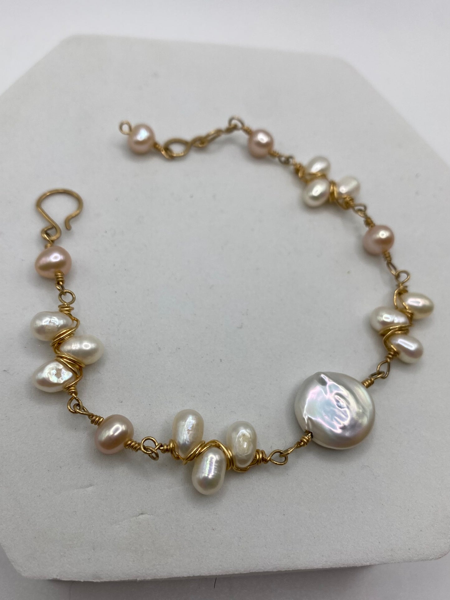 Gold Coin Pearl Bracelet by Hip Chick Glass, Handmade Gold Fill Wire Wrap Jewelry, Handmade Gemstone Bracelet, June Birthstone Gift