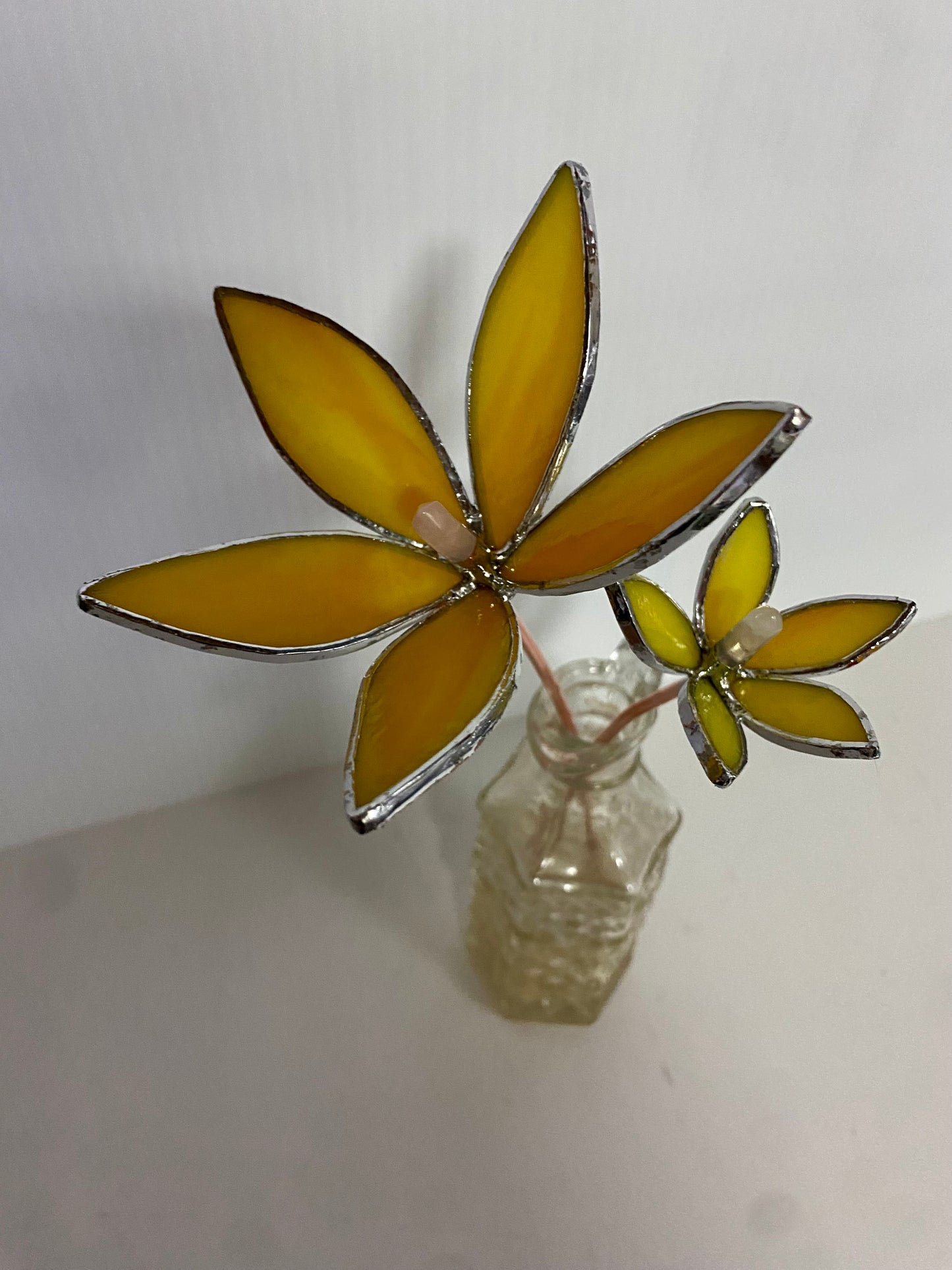 Yellow Glass Flower Plant Stakes by Hip Chick Glass | Stained Glass Flower Bouquet, Glass Flowers with Quartz Crystals on a Stem, Handmade Home Decor, Wedding Bouquet Keepsake, Tabletop Decor