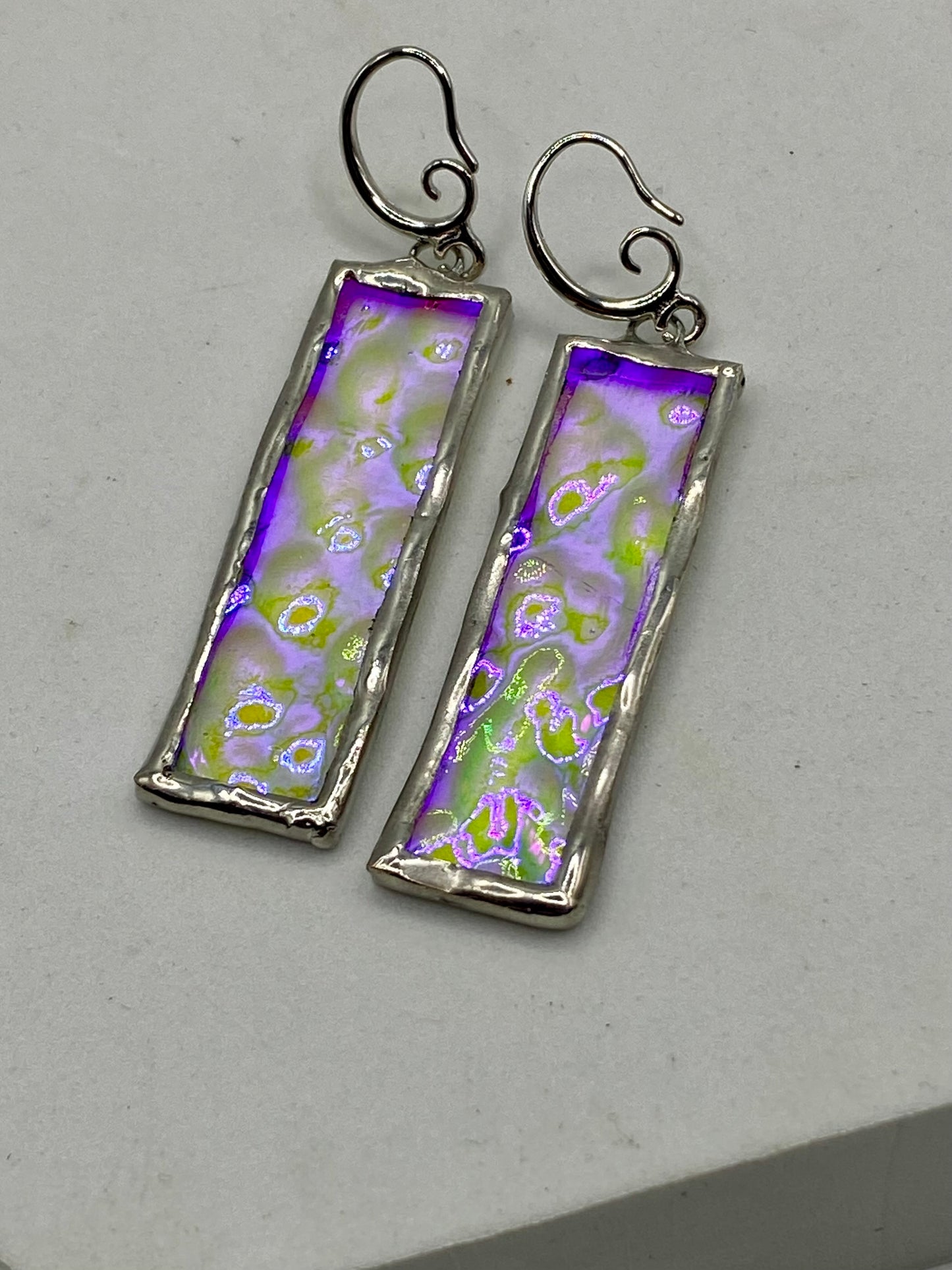 Purple & Clear Wavy Rectangle Earrings | Stained Glass Earrings by Hip Chick Glass, Iridescent Statement Earrings, Geometric Earrings