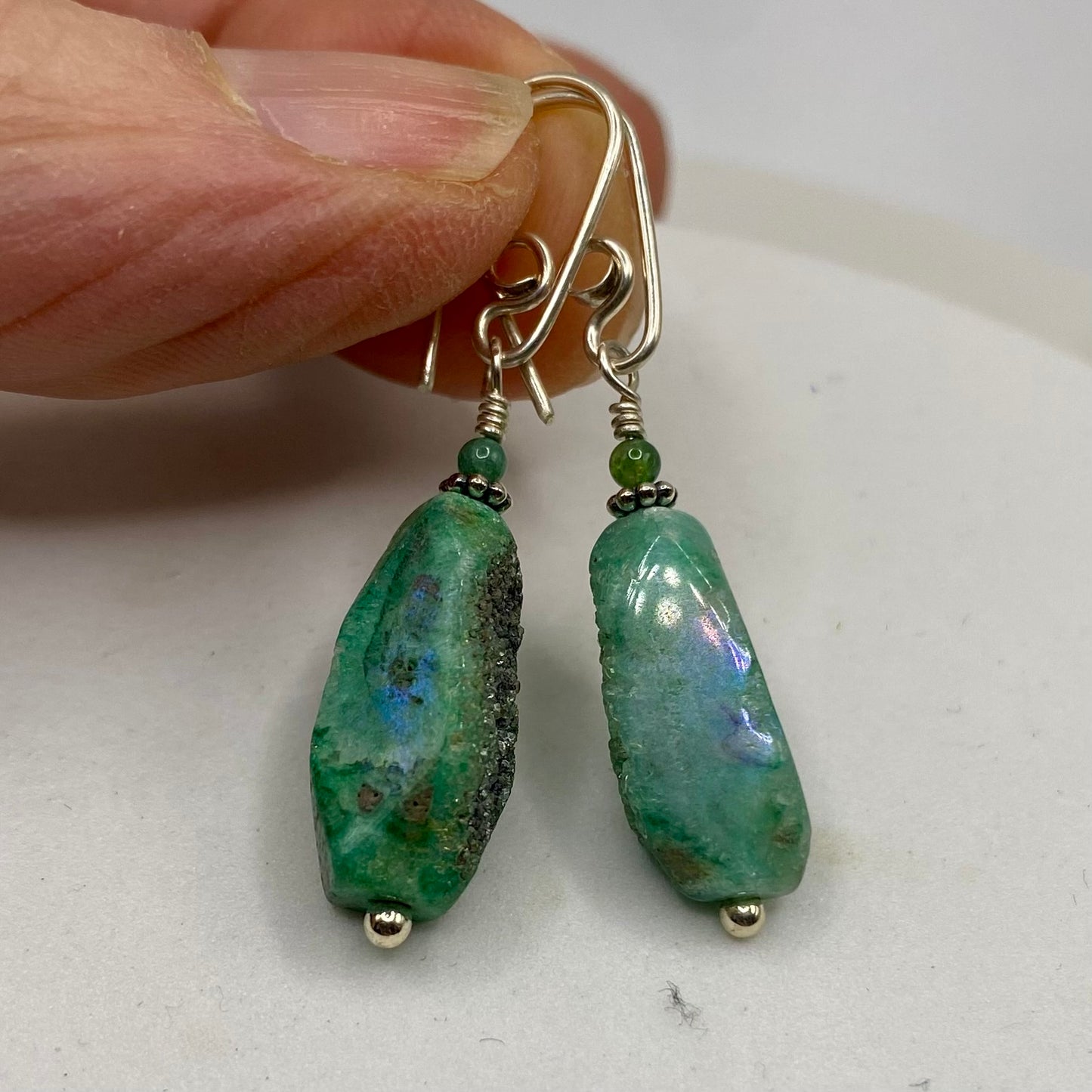 Green Druzy Agate Dangle Earrings by Hip Chick Glass, Sterling Silver Earrings, Handmade Gemstone Jewelry, Gemstone Jewelry Gift