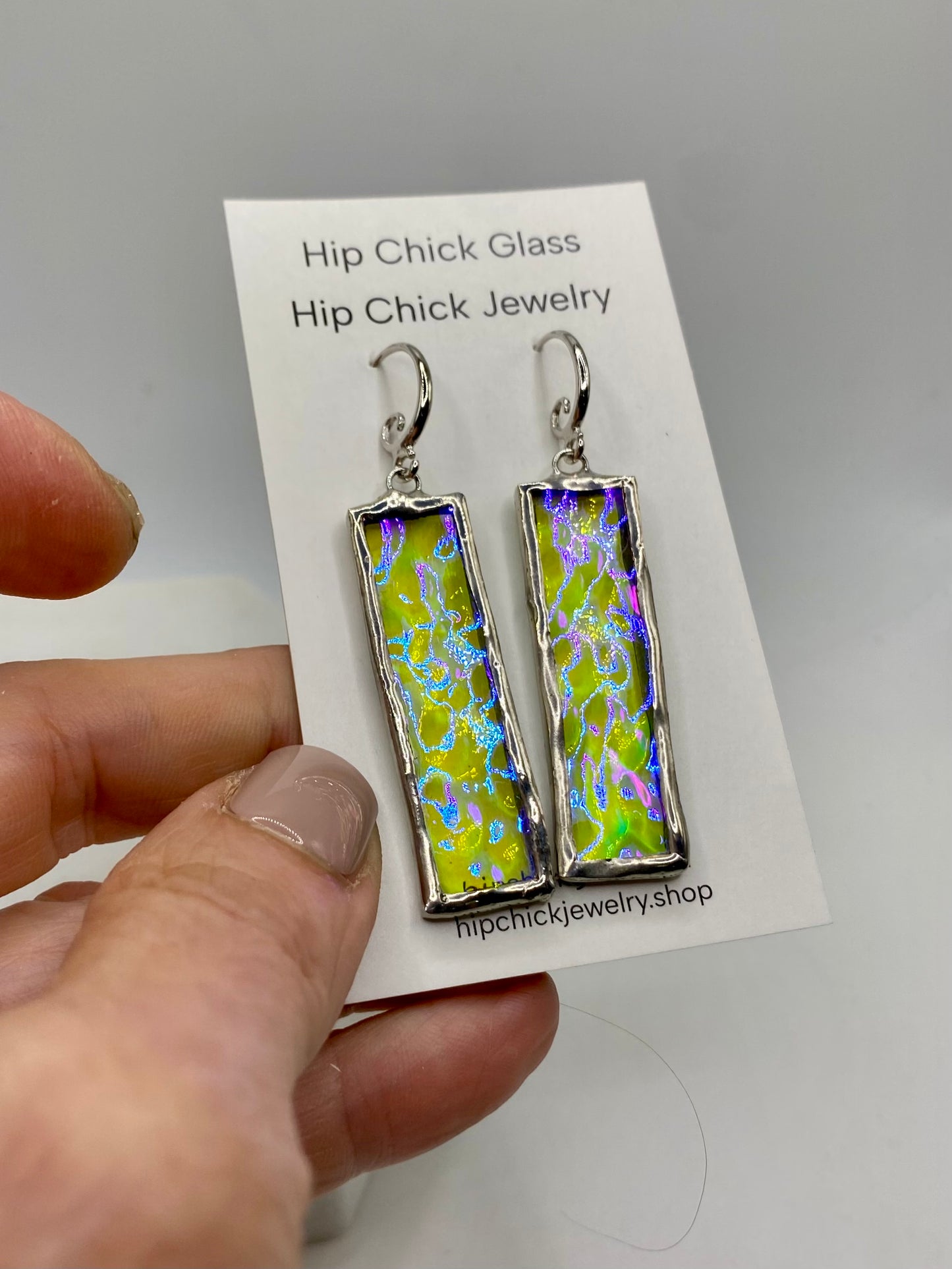 Purple & Clear Wavy Rectangle Earrings | Stained Glass Earrings by Hip Chick Glass, Iridescent Statement Earrings, Geometric Earrings