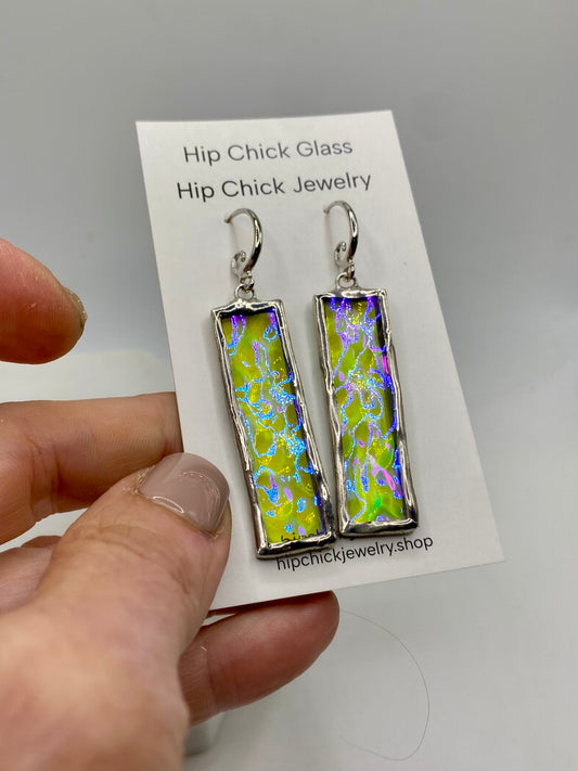 Purple & Clear Wavy Rectangle Earrings | Stained Glass Earrings by Hip Chick Glass, Iridescent Statement Earrings, Geometric Earrings