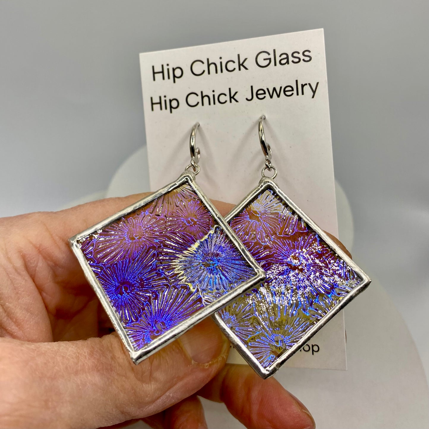 Blue Snowflake Square Earrings | Stained Glass Earrings by Hip Chick Glass, Stained Glass Dangle Drop Earrings, Stained Glass Earrings