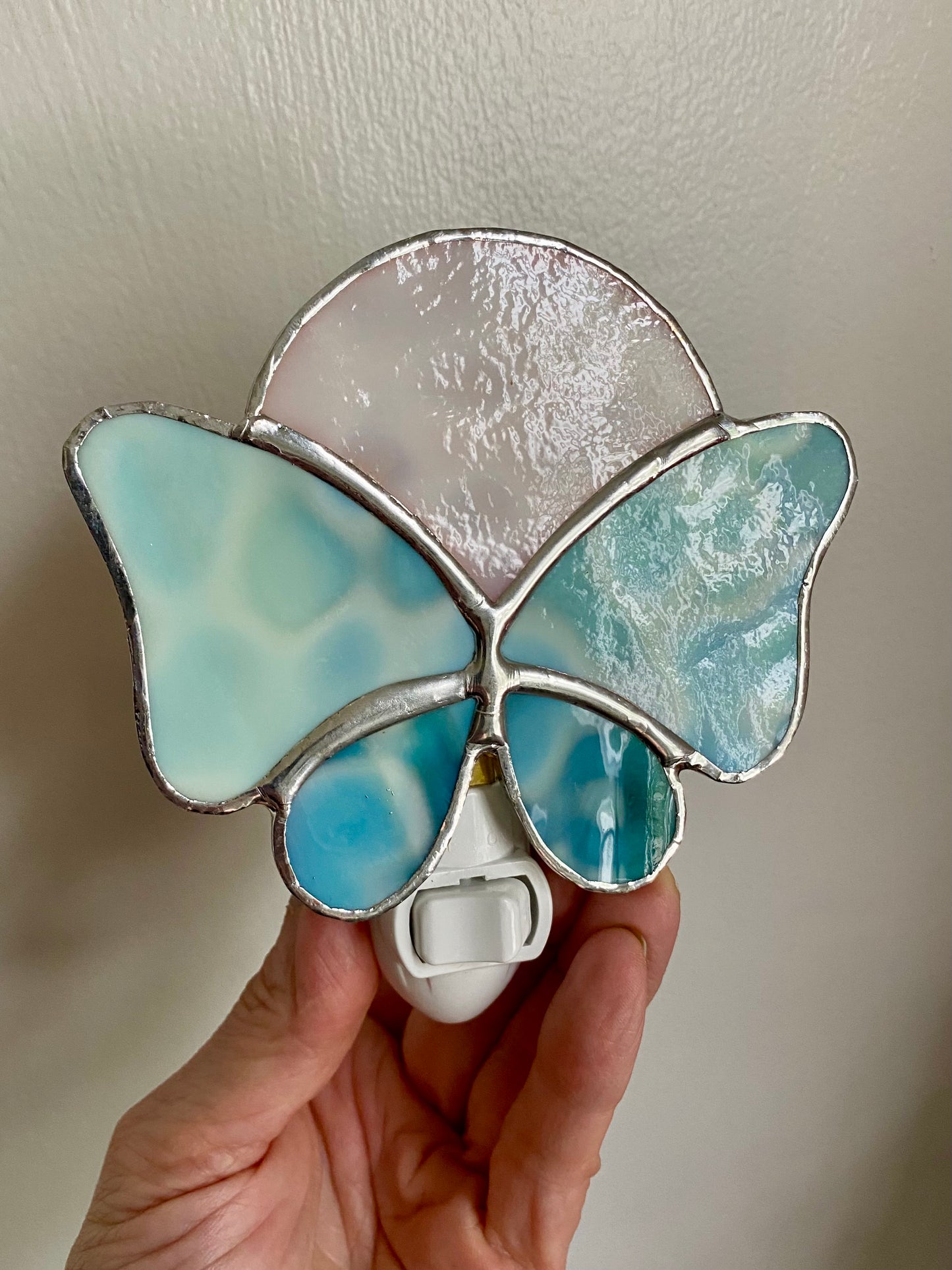 Blue Butterfly Nightlight under a white moon | Gretchen Shutt | Hip Chick Glass, LLC