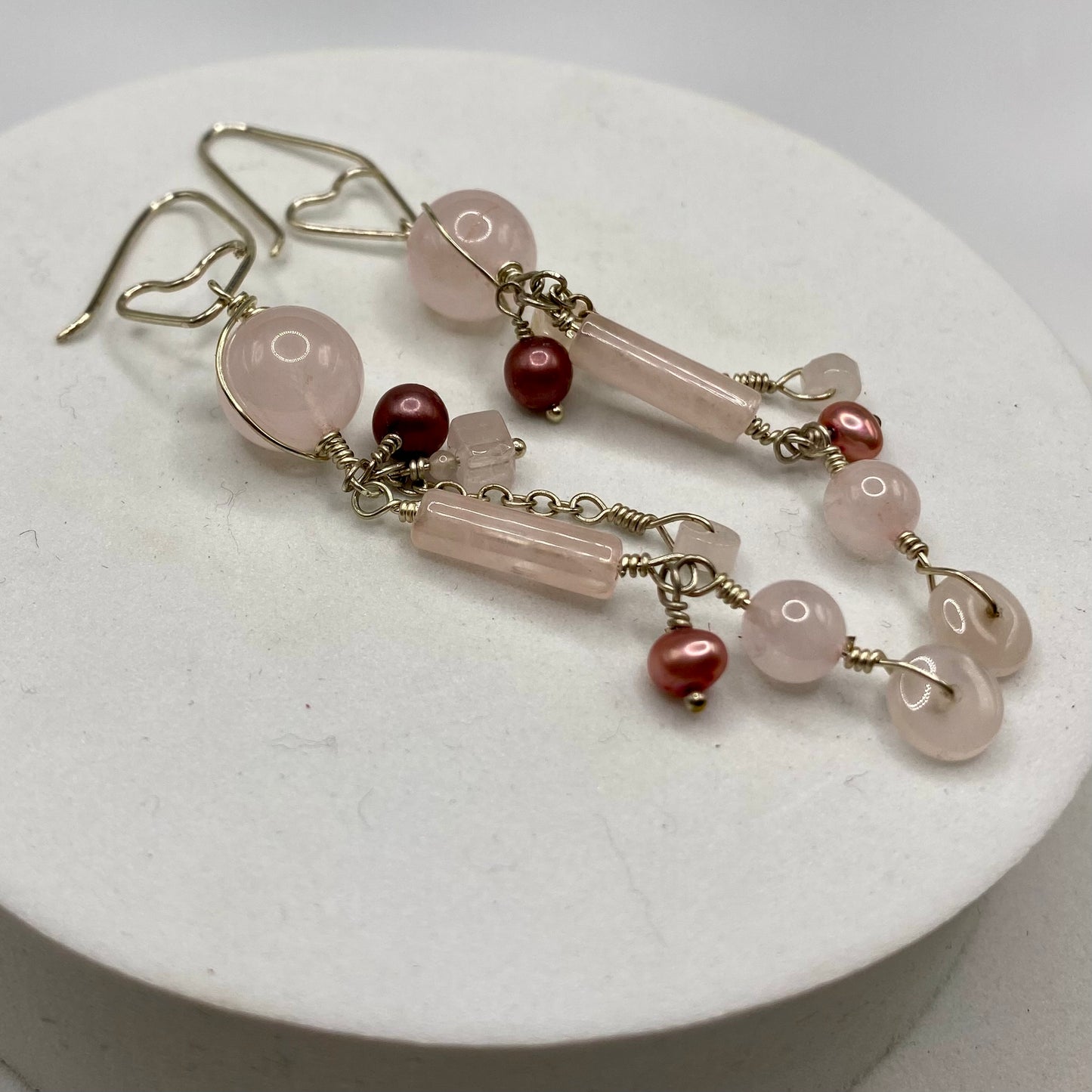Long Rose Quartz Earrings with Freshwater Pearls by Hip Chick Glass, Rose Quartz Earrings, Handmade Silver Gemstone Jewelry, Handmade Jewelry Gift, June Birthstone Earrings