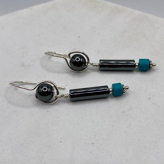 Hematite & Chalk Turquoise Dangle Earrings by Hip Chick Glass, Sterling Silver Earrings, Handmade Gemstone Jewelry, Handmade Jewelry Gift, Birthstone Earrings