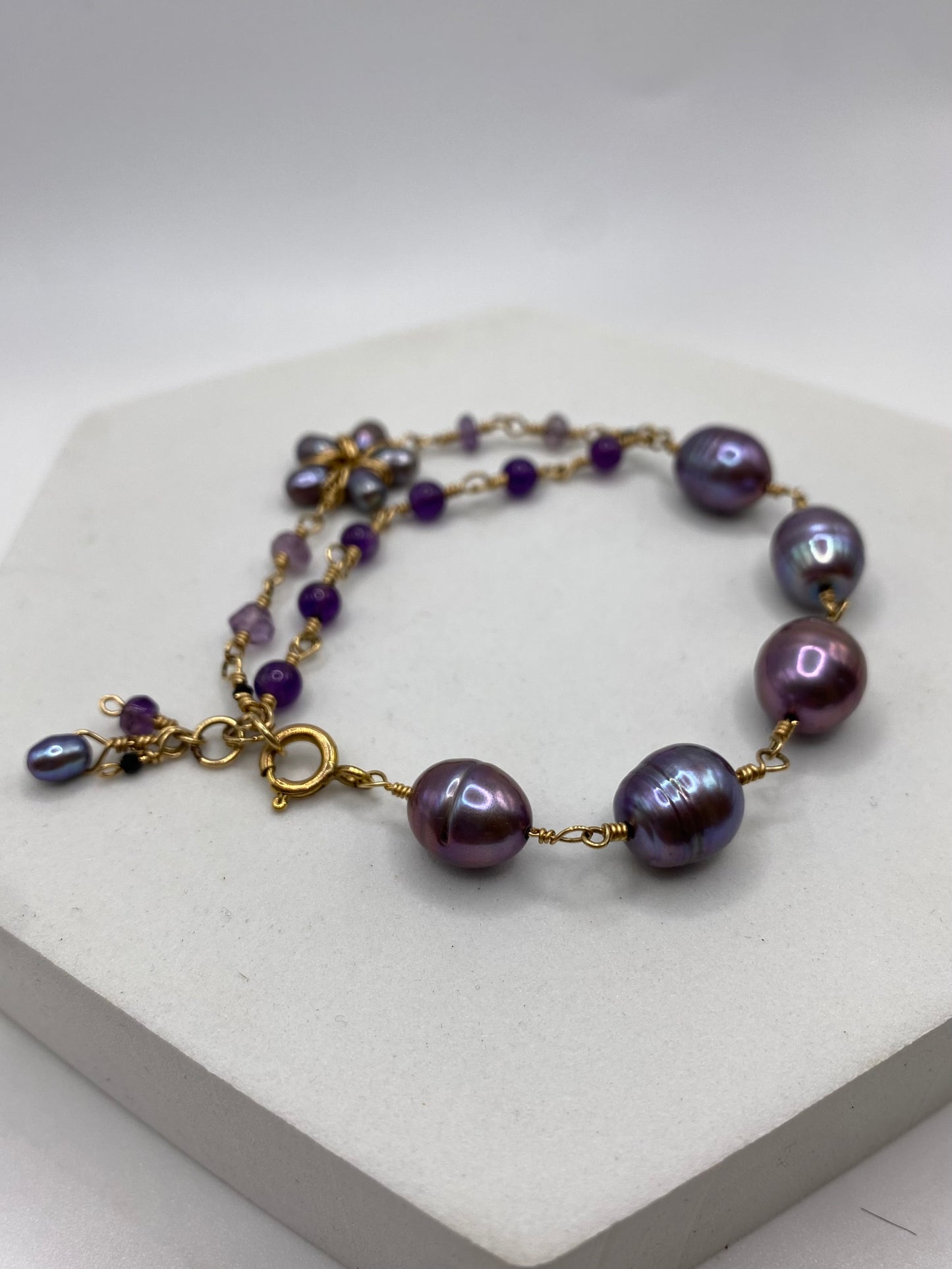 Gold Pearl & Amethyst Bracelet by Hip Chick Glass, Handmade Gold Fill Wire Wrap Jewelry, Handmade Gemstone Bracelet, June & February Birthstone Gift