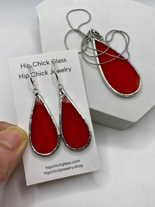 Orange Teardrop Stained Glass Jewelry Set by Hip Chick Glass, Stained Glass Necklace Stained Glass Earrings