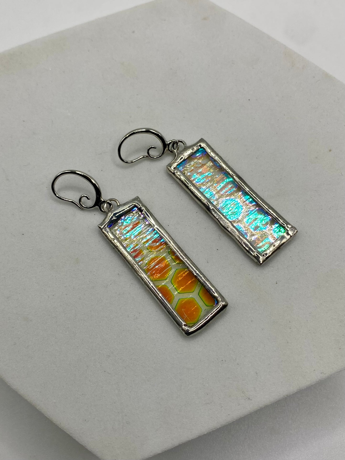 Honeycomb Rectangle Earrings | Stained Glass Earrings by Hip Chick Glass, Iridescent Statement Earrings, Geometric Earrings