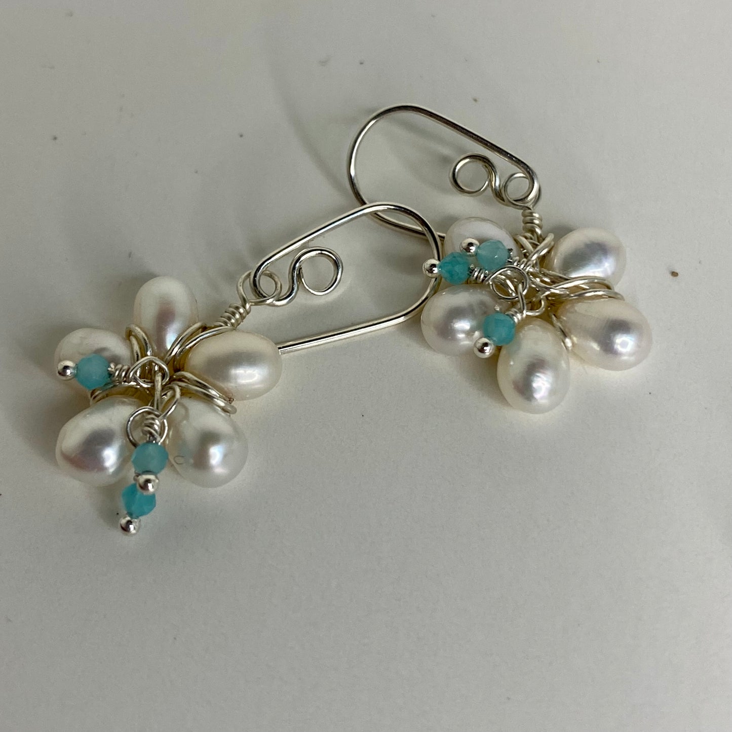 Pearl Flower Earrings with Swarovski Crystal by Hip Chick Glass, Sterling Silver Wire Wrap Earrings, Handmade Gemstone Jewelry, June Birthstone