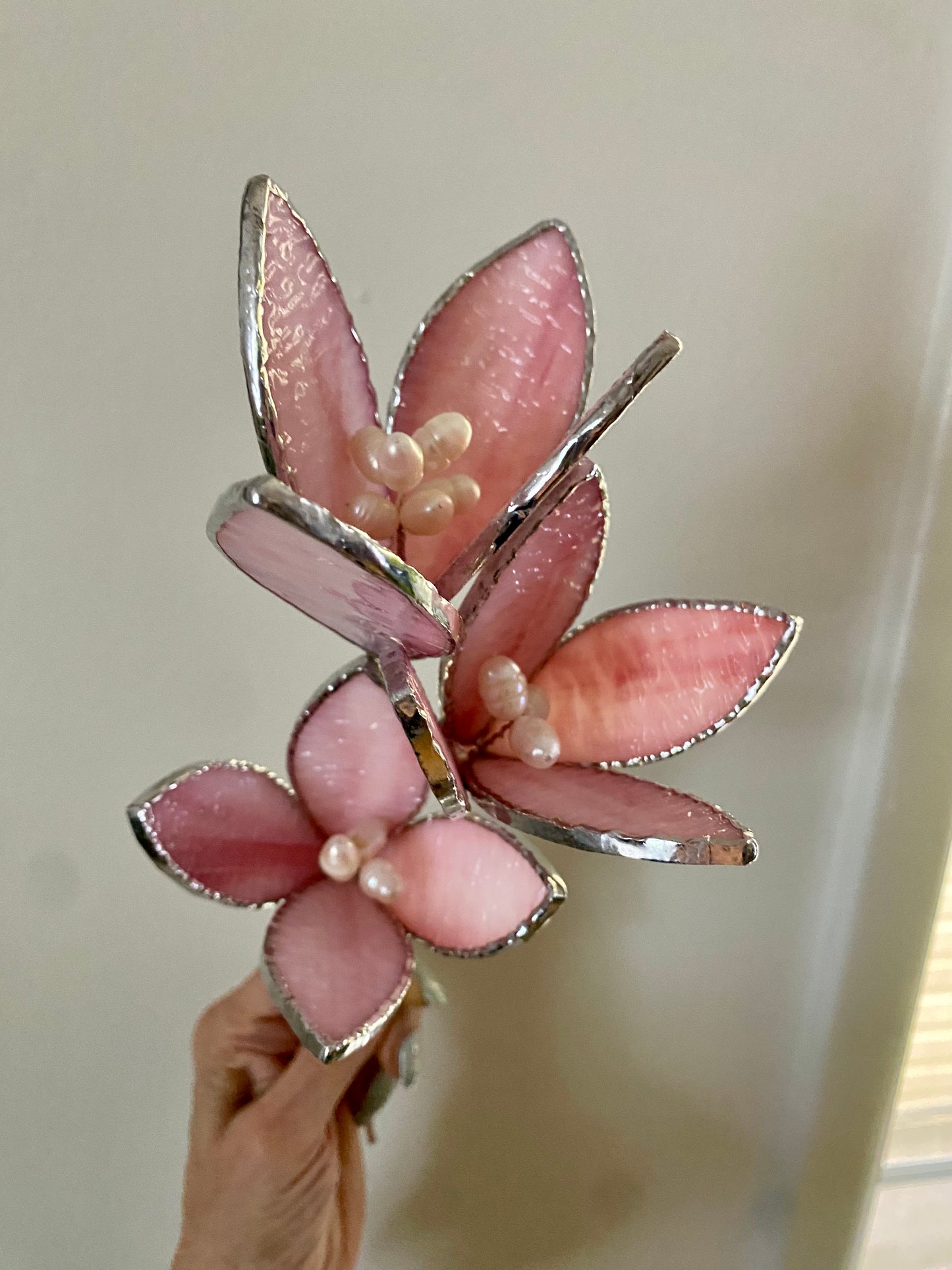 Flowers | Stained Glass Flower Bouquet, Glass Flowers with Quartz Crystals and Pearls on a Stem, Handmade Home Decor, Wedding Bouquet Keepsake, Tabletop Decor
