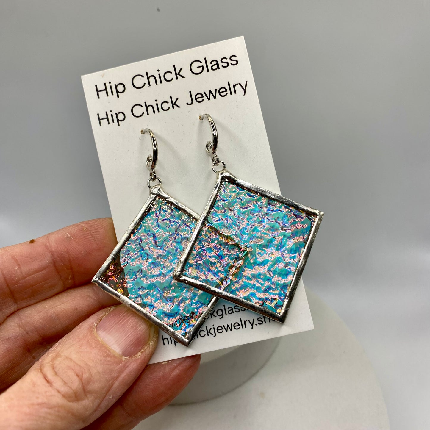 Pink Crinkle Square Earrings | Stained Glass Earrings by Hip Chick Glass, Stained Glass Dangle Drop Earrings, Stained Glass Earrings