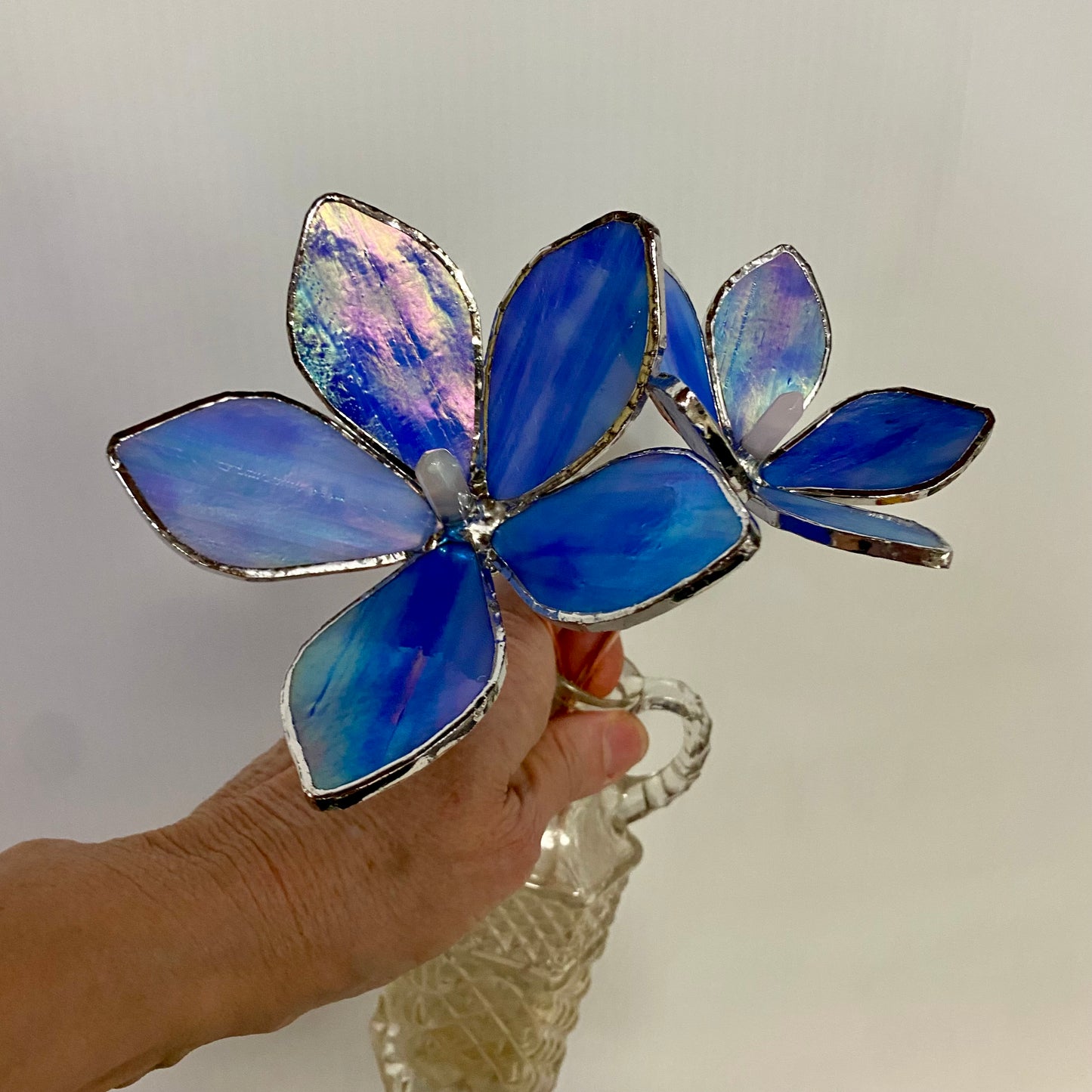 Iridescent Blue Glass Flower Plant Stakes by Hip Chick Glass | Stained Glass Flower Bouquet, Glass Flowers with Quartz Crystals on a Stem, Handmade Home Decor, Wedding Bouquet Keepsake, Tabletop Decor