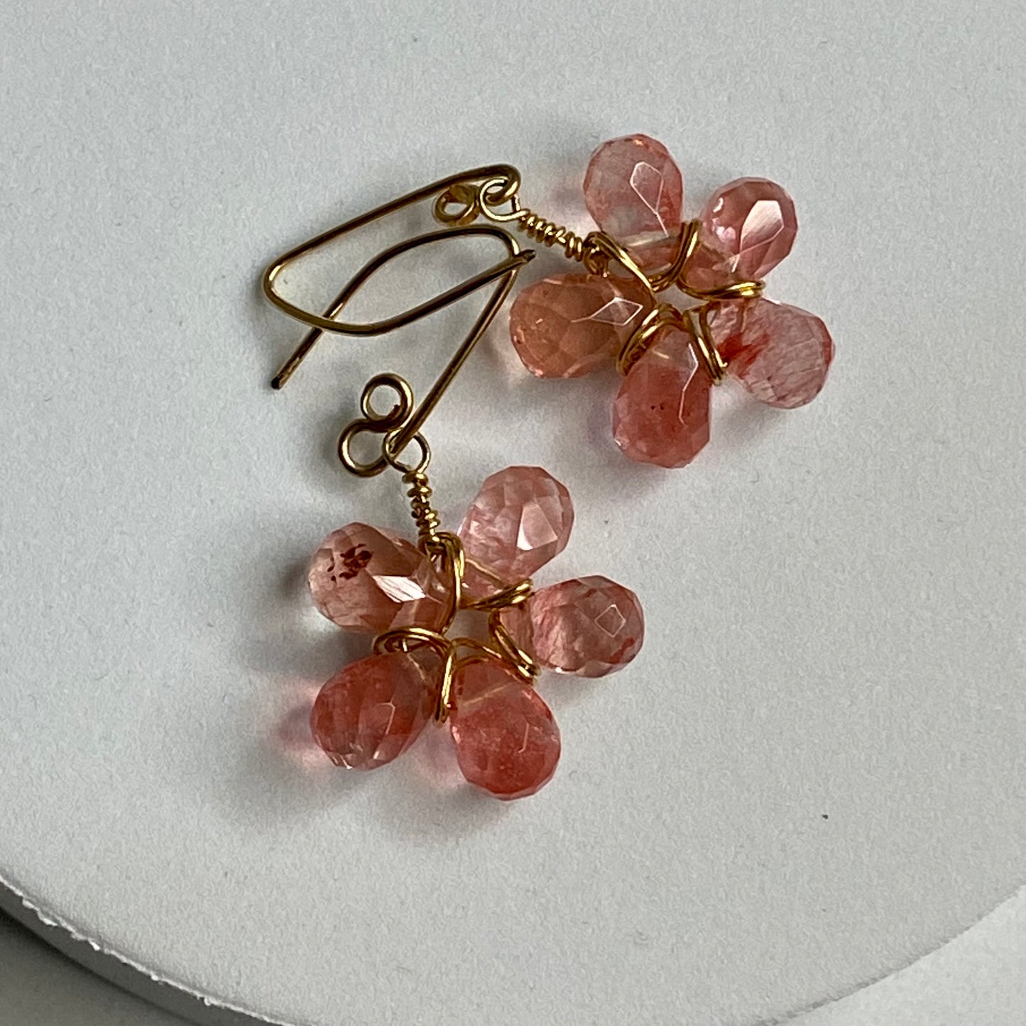 Cherry Quartz Wire Wrap Flower Earrings by Hip Chick Glass, 14 Karat Gold Fill Earrings, Handmade Gemstone Jewelry, Birthstone Gift