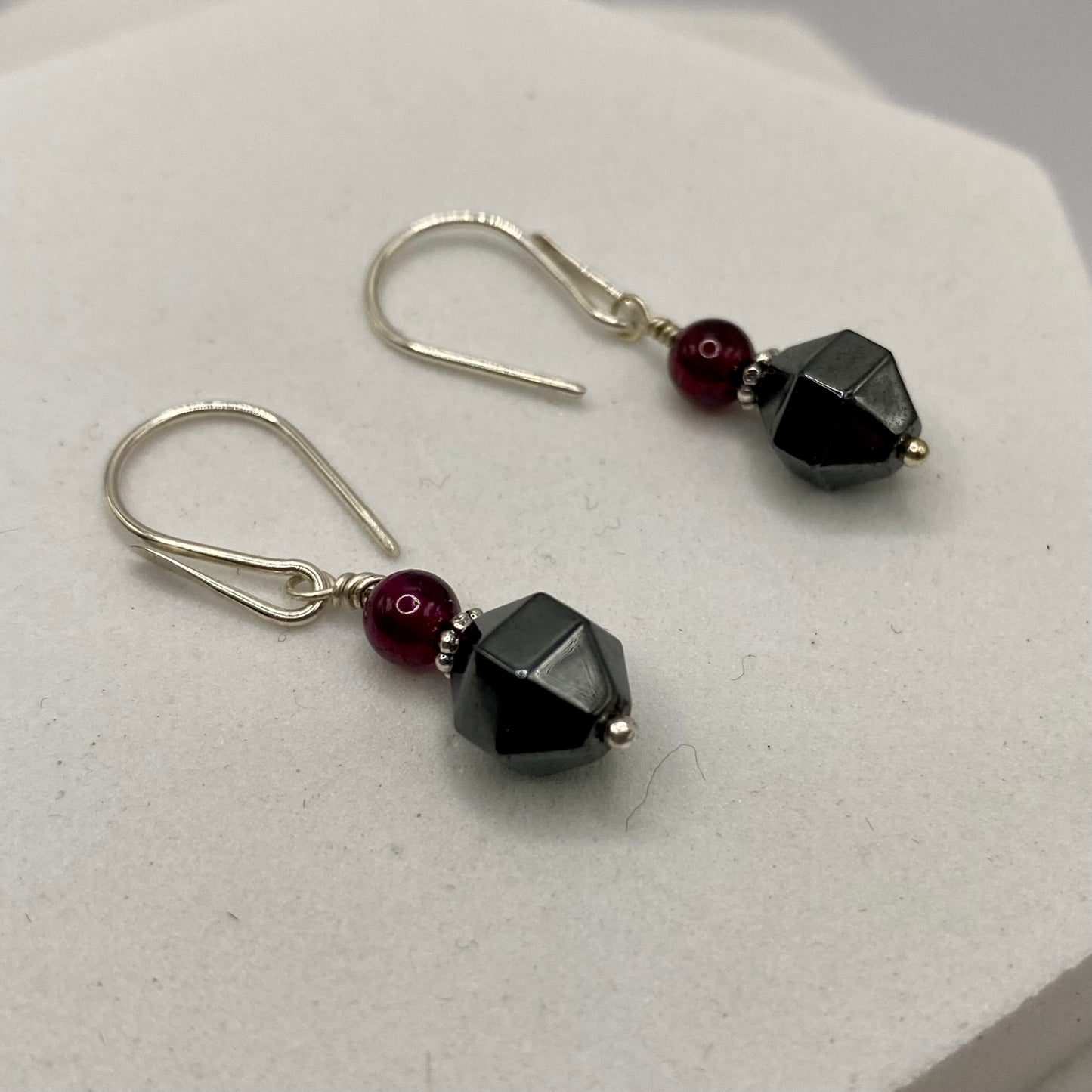 Garnet & Hematite Earrings by Hip Chick Glass, Sterling Silver Earrings, Handmade Gemstone Jewelry, Handmade Jewelry Gift, January Birthstone