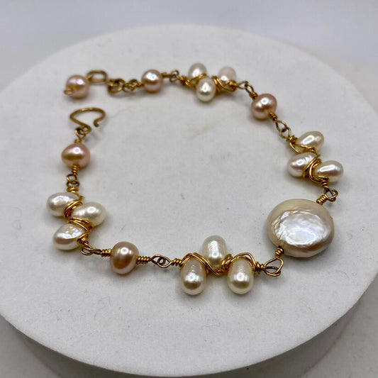 Coin Pearl Bracelet by Hip Chick Glass, Gold Pearl Bracelet, Gold Fill Wire Wrap Jewelry, Handmade Pearl Bracelet, June Birthstone Gift