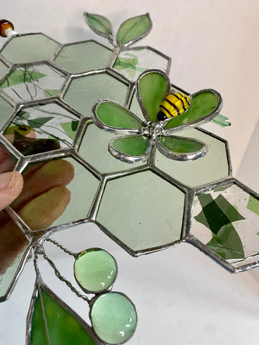 Green Honeycomb with Flower & Bee | Stained Glass Window Panel by Hip Chick Glass, Original Design Handmade Glass Art, Suncatcher