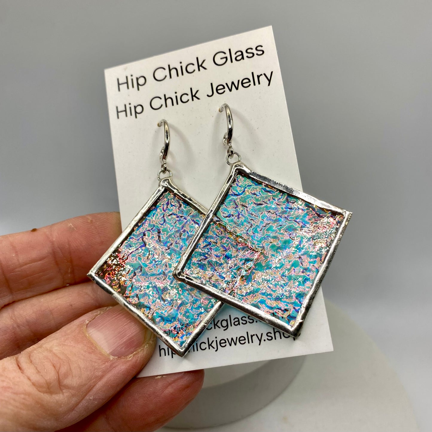 Pink Crinkle Square Earrings | Stained Glass Earrings by Hip Chick Glass, Stained Glass Dangle Drop Earrings, Stained Glass Earrings