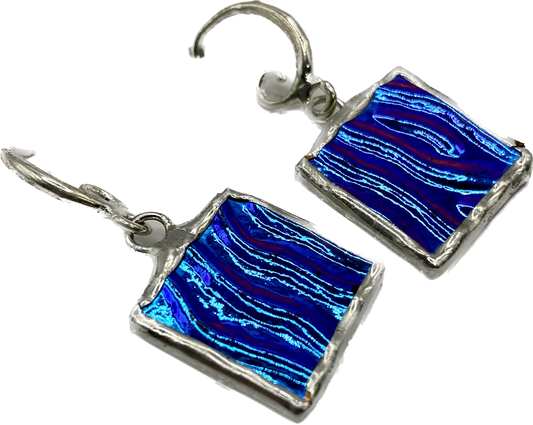 Blue Square Earrings | Stained Glass Earrings by Hip Chick Glass, Stained Glass Dangle Drop Earrings, Stained Glass Earrings