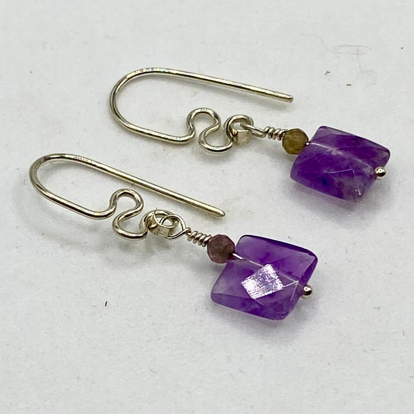 Square Faceted Amethyst Earrings by Hip Chick Glass, Sterling Silver Amethyst Earrings, Handmade Boho Gemstone Jewelry, February Birthstone Gift