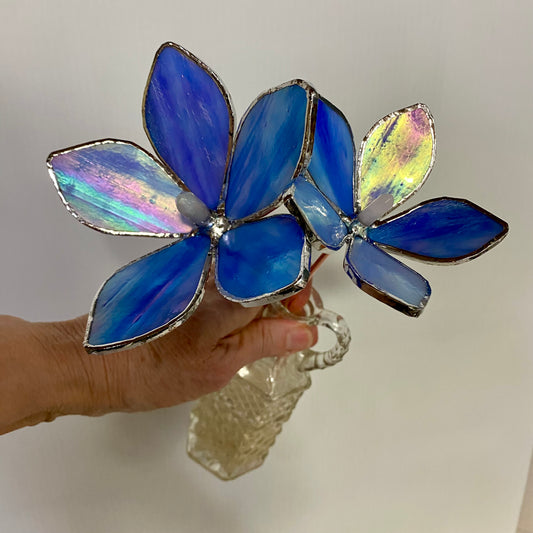Iridescent Blue Glass Flower Plant Stakes by Hip Chick Glass | Stained Glass Flower Bouquet, Glass Flowers with Quartz Crystals on a Stem, Handmade Home Decor, Wedding Bouquet Keepsake, Tabletop Decor