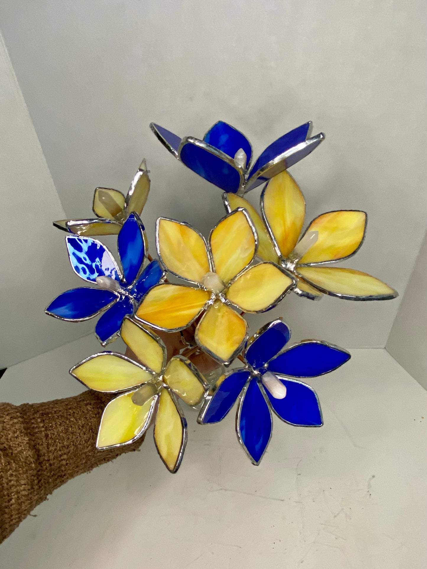 Yellow & Blue Stained Glass Flower Bouquet by Hip Chick Glass, Glass Flowers with Quartz Crystals on a Stem, Handmade Home Decor, Wedding Bouquet Keepsake, Tabletop Decor