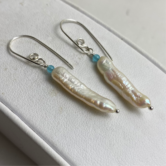 Stick Pearl & Aquamarine Dangle Earrings by Hip Chick Glass, LLC, Sterling Silver Earrings, Handmade Gemstone Jewelry, June Birthstone Gift, March Birthstone