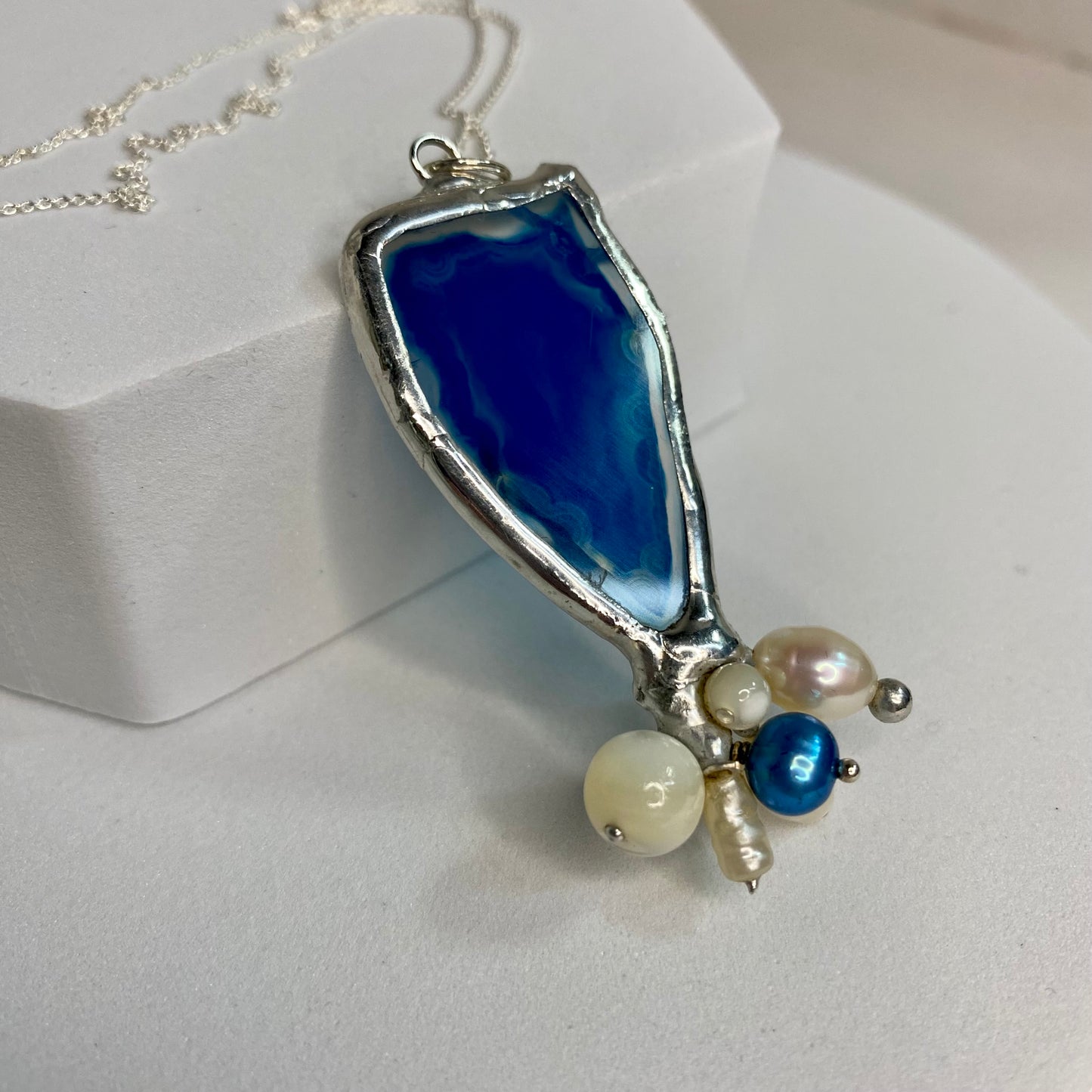 Blue Agate & Pearl Cluster Necklace | Agate Slice Necklace by Hip Chick Glass, Handmade Silver Pendant Necklace, Silver Pearl Agate Necklace, Handmade Jewelry