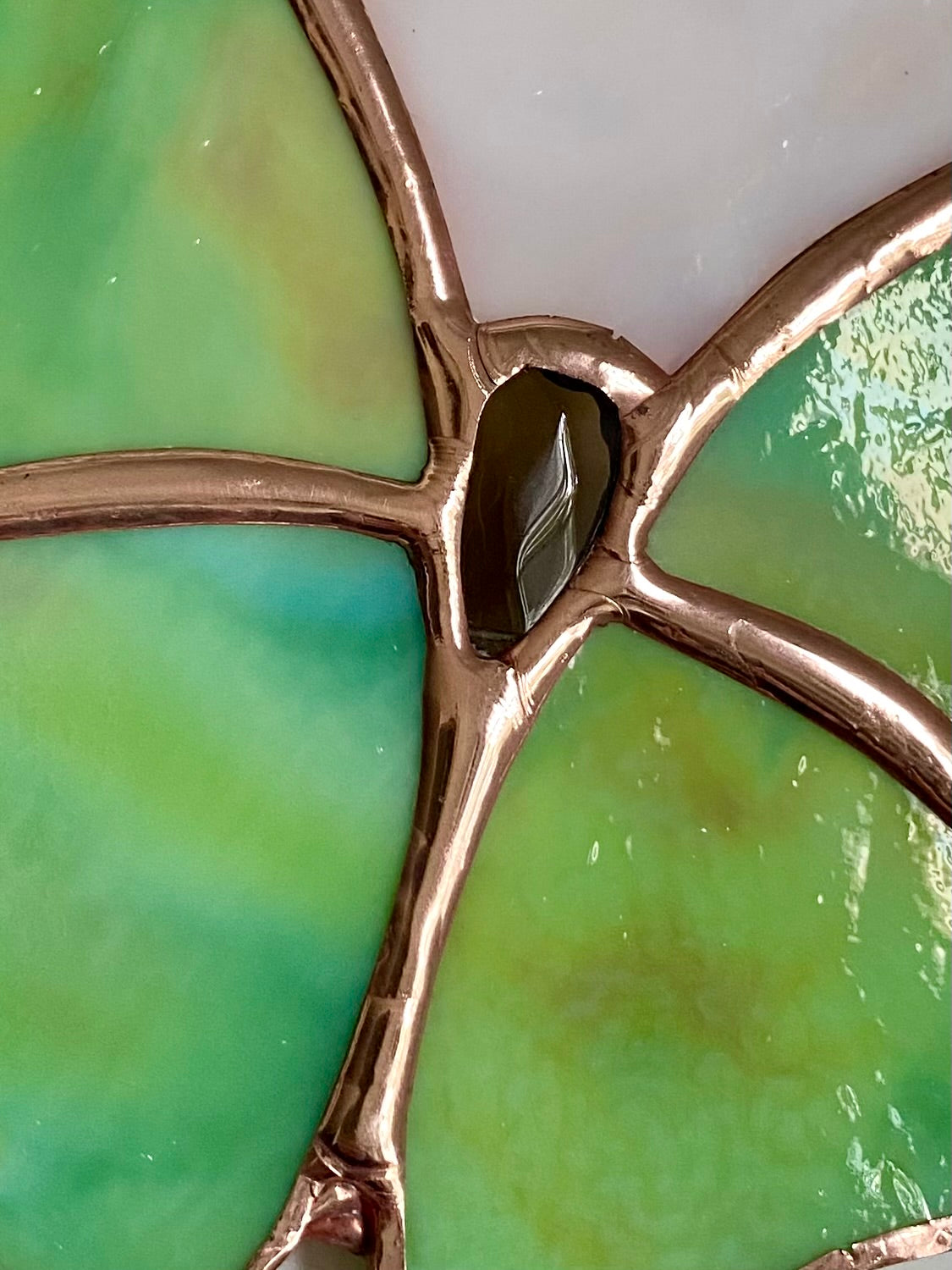 Green Butterfly Nightlightwith Smoky Quartz under a white moon | Gretchen Shutt | Hip Chick Glass, LLC