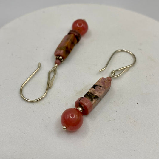 Rhodonite & Ruby Silver Earrings by Hip Chick Glass, Sterling Silver Earrings, Handmade Gemstone Jewelry, Birthstone Gift