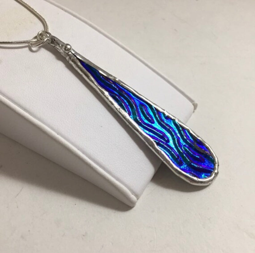 Blue Teardrop Necklace | Iridescent Glass Necklace by Hip Chick Glass, Handmade Silver Pendant Necklace, Dichroic Glass Pendant Necklace, Handmade Jewelry