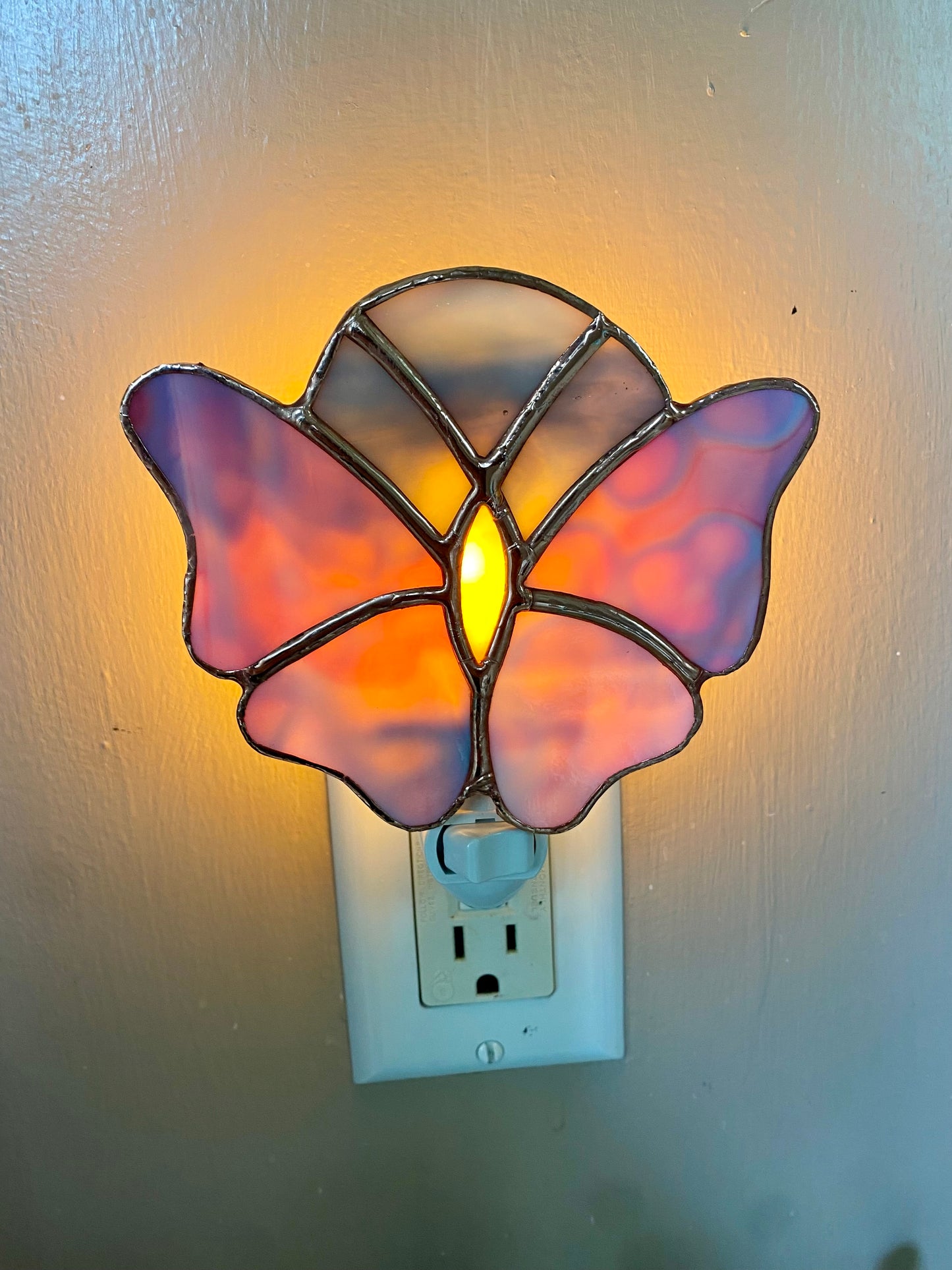Pink Butterfly Nightlight under a grey moon | Gretchen Shutt | Hip Chick Glass, LLC
