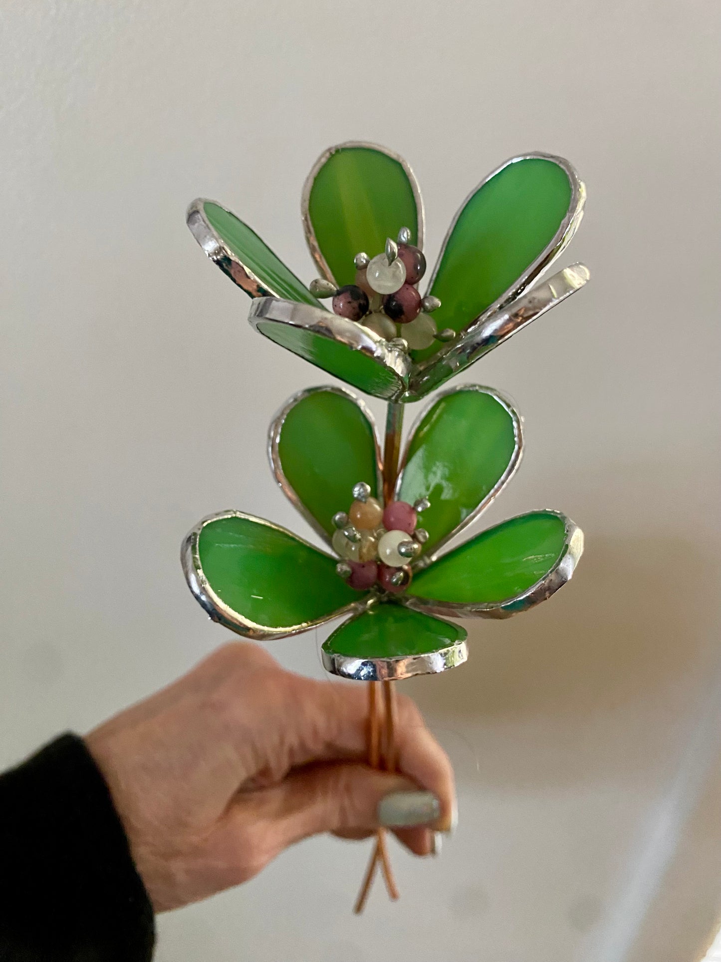 Flowers | Stained Glass Flower Bouquet, Glass Flowers with Quartz Crystals and Pearls on a Stem, Handmade Home Decor, Wedding Bouquet Keepsake, Tabletop Decor