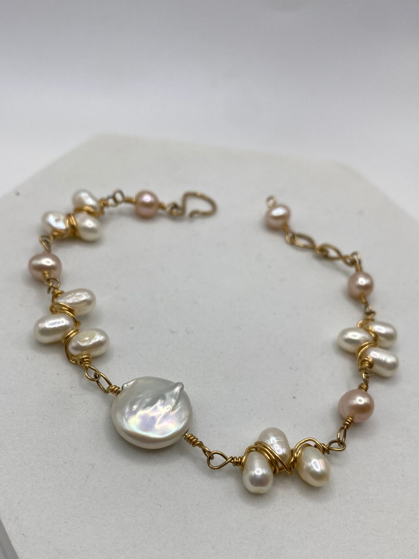 Gold Coin Pearl Bracelet by Hip Chick Glass, Handmade Gold Fill Wire Wrap Jewelry, Handmade Gemstone Bracelet, June Birthstone Gift