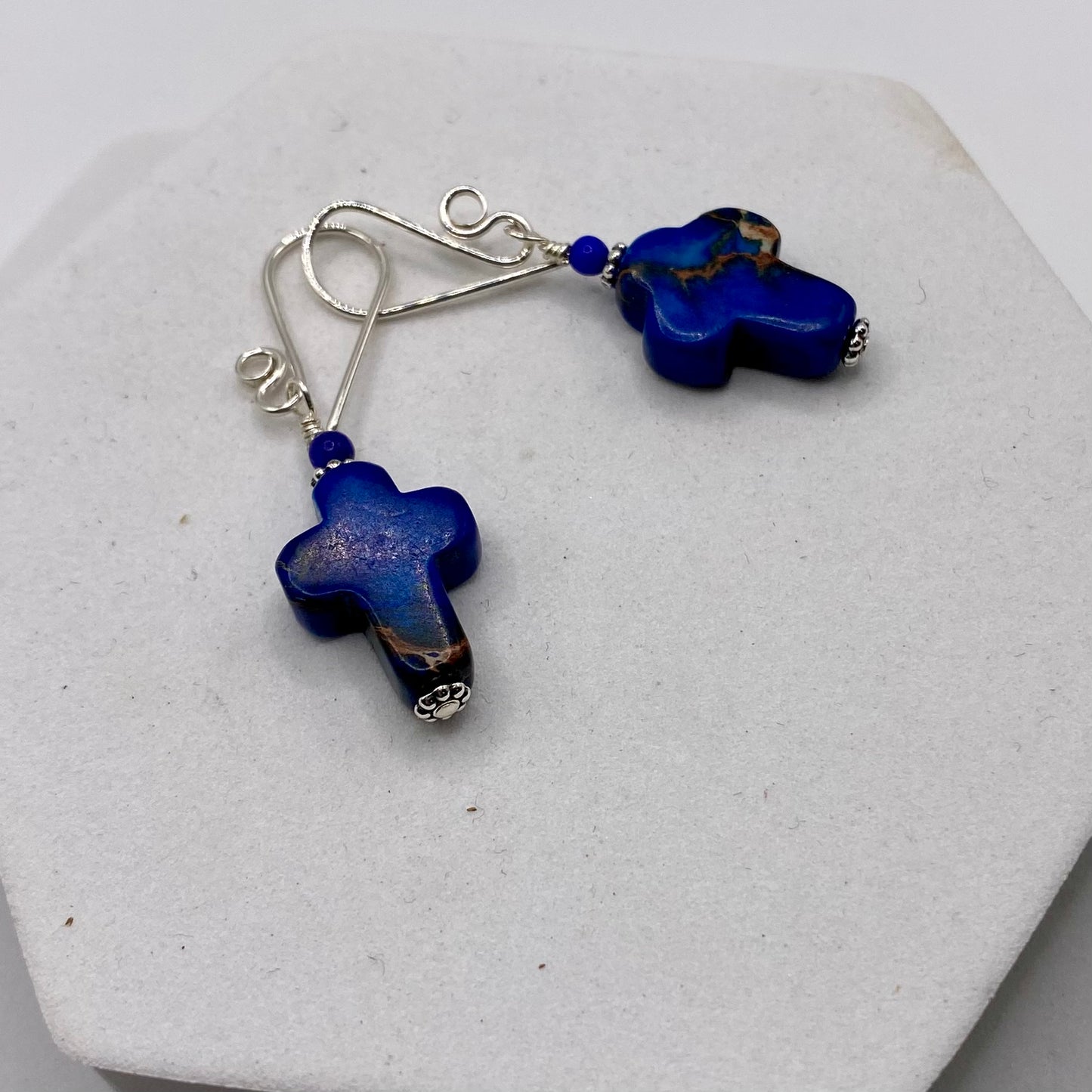 Blue Cross Earrings by Hip Chick Glass, Sterling Silver Earrings, Handmade Gemstone Jewelry, Handmade Jewelry Gift