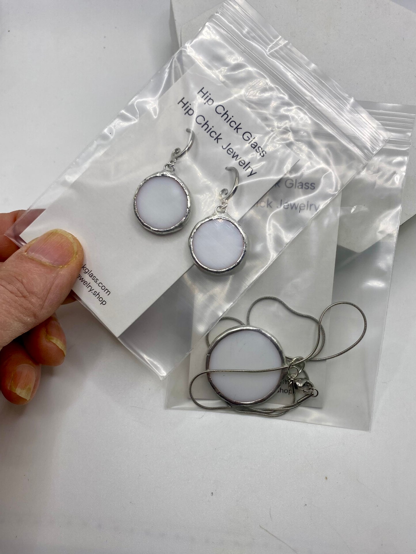 CUSTOM TRACY S | White Circles Stained Glass Jewelry Set by Hip Chick Glass, Stained Glass Necklace Stained Glass Earrings